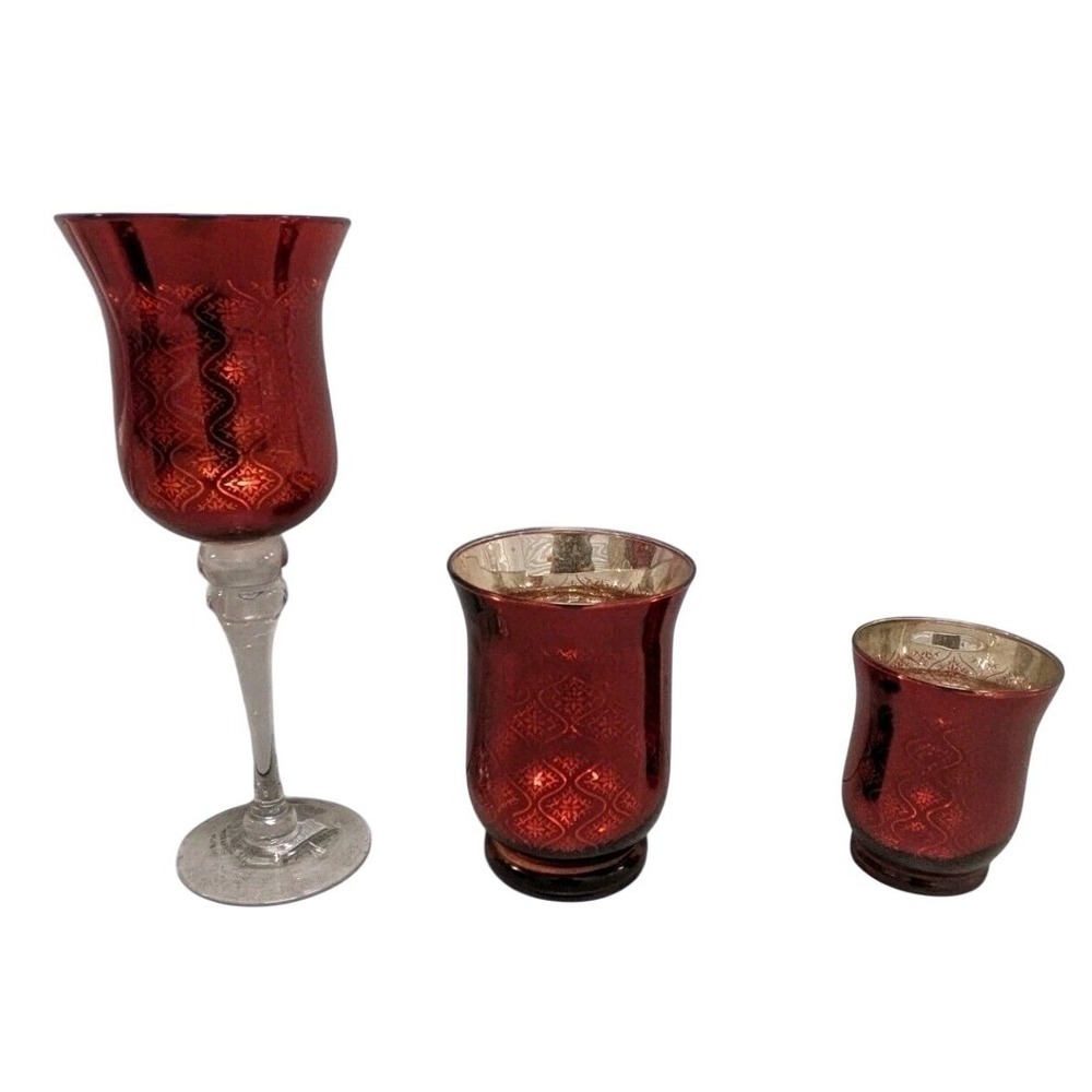 Celebrate It Christmas Red Glass Candle Holder Trio – Silver Stems Vintage Style
